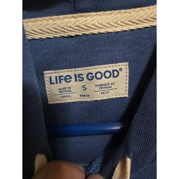 Life Is Good Fleece Hoodie Mens Sweatshirt Small Campfire Jake Guitar Blue NWT - Picture 4 of 7